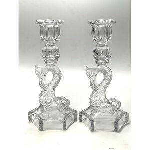 Dalzell Viking Clear Glass Koi Fish Candlestick Vintage Feng Shui MCM Set/2